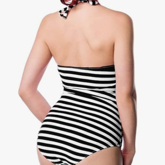 NWT - Belsira Neck-holder Candy Striped Vintage Style Swimsuit (BLACK/WHITE) - Picture 2 of 13